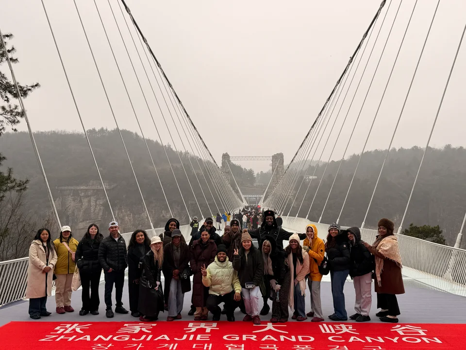 The travel group gathered on a suspension bridge above a wooded mountain gorge